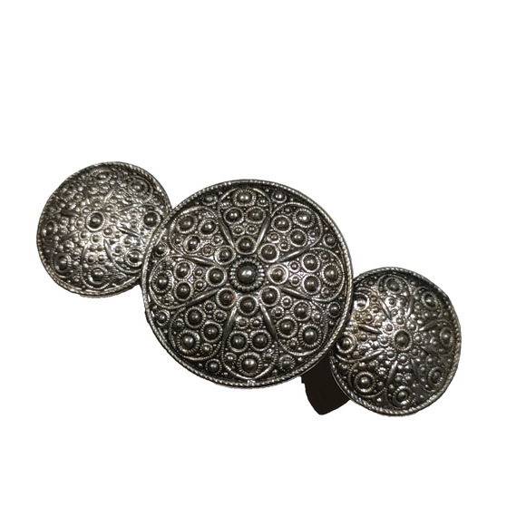 Hair Barrette Tension Clip Brutalist Roman Shield Design Silver Tone - Picture 2 of 5